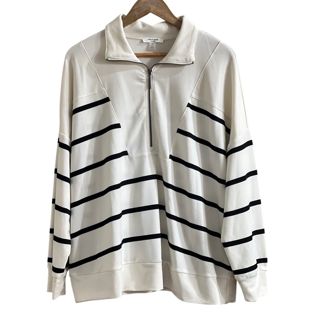 Cable & Gauge Studio Striped Quarter Zip Sweatshirt White Black 1X Womens Plus